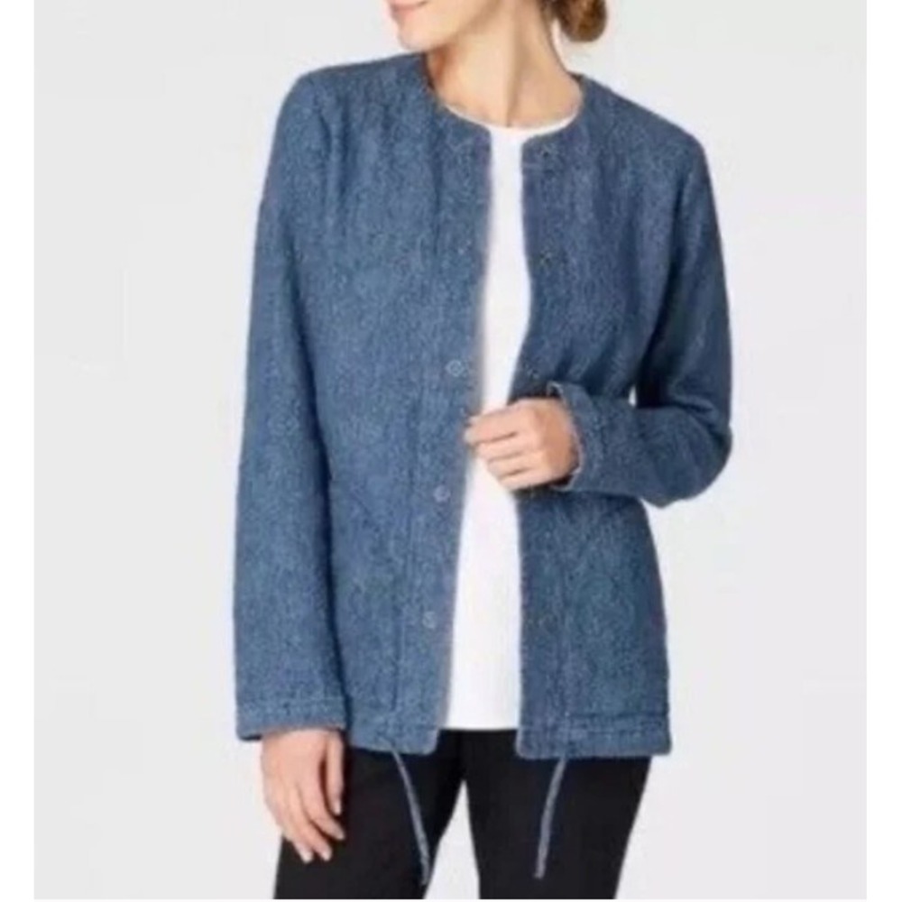 Pure Jill Indigo 100% Cotton‎ Blue Textured Snap Up Drawstring Pockets Blazer S